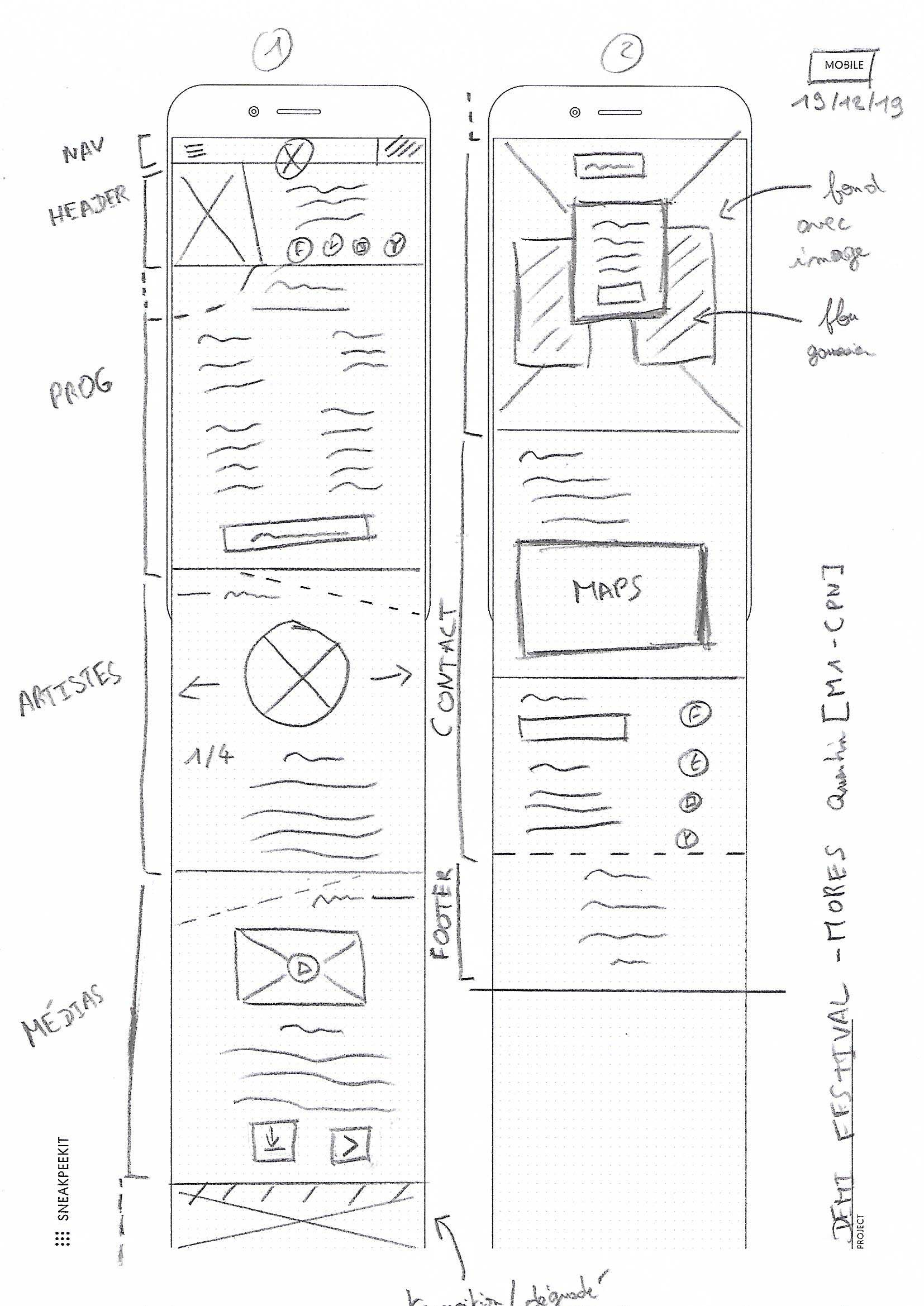 Wireframe mobile de la maquette web du Demi Festival.