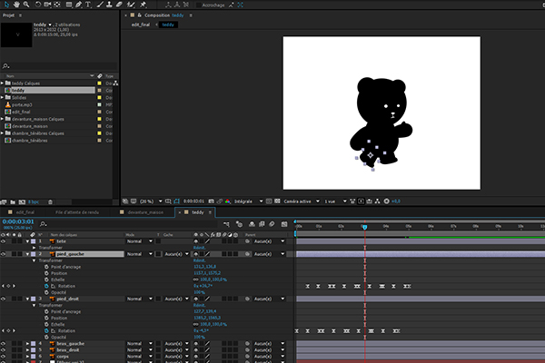 Une capture d'écran sur Adobe After Effects montrant l'animation de Teddy.